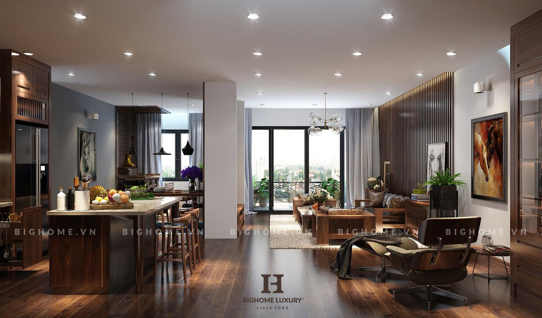 Thiết kế nội thất chung cư gỗ óc chó tiện nghi